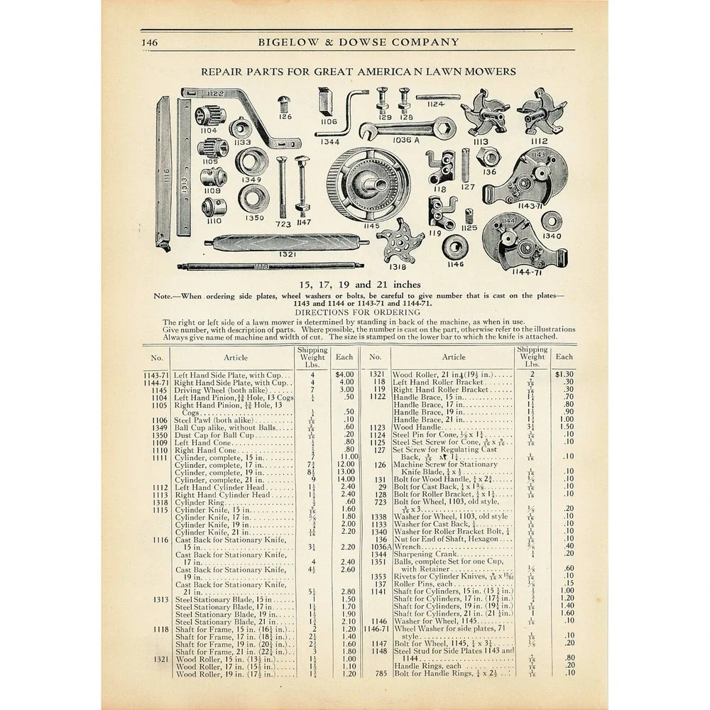VTG Print Ad Lawn Mower Parts Reel Pinion Bigelow & Dowse Boston Man Cave Bar